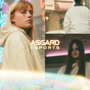 In the digital realm, the Asgard Esports logo glows intensely within a swirling vortex of neon colors. A cyber fantasy backdrop where abstract designs and shimmering text hover in midair, creating an atmosphere of magic and modernity.