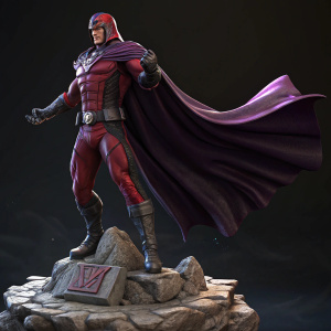 Magneto statue on a rocky platform. Dark background. Heroic stance. Emblem on belt. Flowing cape.