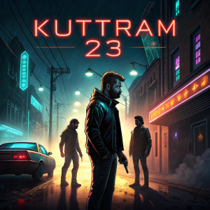 Movie poster for 'Kuttram 23'. Dark urban street scene with glowing neon signs. Central characters standing in shadow, intense expressions.