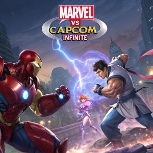 Promotional poster for Marvel vs Capcom Infinite. Action-packed scene with characters from both franchises