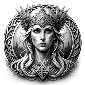 frigg nordic godness - perfect realistic art - high definition - grey and black tattoo design - white background 