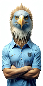 AGUILA CALVA DE ASPECTO HUMANOIDE, USANDO POLO CELESTE, PENSANDO CON EL ALA, SE VE DESDE LA CABEZA HASTA LAS PATAS OSEA CUERPO ENTERO, FONDO BLANCO