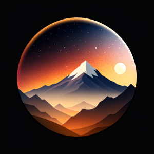 an image of a circular logo with a minimalist classic style, The logo should be easily recognizable. The circular midsection is mountain Yushan Main Peak describe by a mountain silhouette, The circular top should depict a dark night sky filled with stars, shrouded in darkness, the circular bottom in cloud mist,  The viewing perspective is directed from a nearby highland