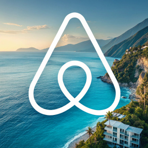 Stylized AirBnB logo. Modern design featuring a blend of blue and white hues. The font is sleek and contemporary.