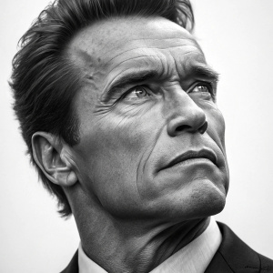 Arnold Schwarzenegger's face captured in stunning 3D digital art. Close-up view, black and white. Emphasizes facial details such as the prominent brow, piercing gaze, and chiseled jawline.