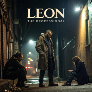 Promotional poster for 'Leon: The Professional'. Dark urban alleyway background. Characters interacting around central figure.