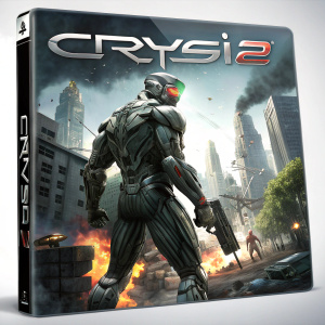 Front and back cover of the PlayStation 3 video game 'Crysis 2'. The cover features a muscular, cybernetic character with a glowing green visor. The design includes metallic tones and action-oriented elements.