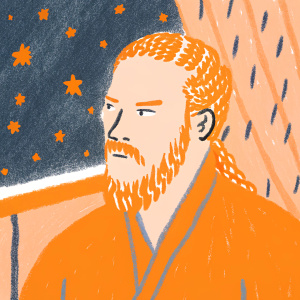 Digital portrait of Ragnar Lothbrok. Dark and moody setting. Braids and beard visible. The background is a starry night sky