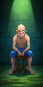 An illustration showing cartoon man ( a prison inmate ) shirtless and bald, sitting on a wooden stool in a frightened pose. He is wearing blue shorts and has a serious expression on his face. The background shows a dimly lit dirty room with green walls and a partially visible brick wall ( it is a prison ). Graphics of the game from "Vkontakte Tyuryaga" from the company "Kefir".