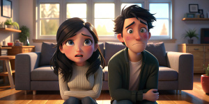 una pareja de 30 años muy triste y llorando, en la sala de la casa. Pelo negro. Disney Pixar 3D