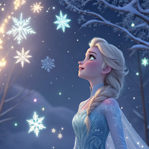 Elsa from Frozen 2 in a magical realm. Ethereal backdrop with floating snowflakes. Digital art