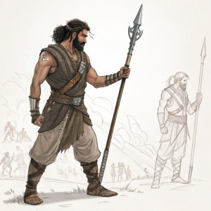 Digital concept art illustration of Bahubali, a rugged bearded male warrior. Wearing a rough earth-toned outfit with sketches detailing the design. Holding a unique spear-like weapon, design sketches included. Sketch-like style with brown tones.
