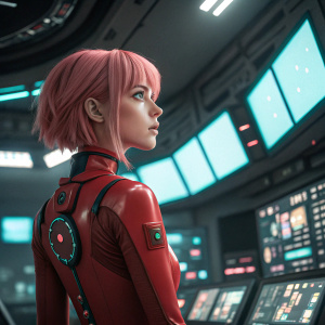 Digital artwork of Asuka Langley. Short pink hair, wearing red plugsuit. Futuristic control room backdrop.