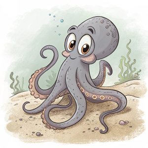 Cartoon octopus illustration. Gray tone body, tentacles curled. Simple background.