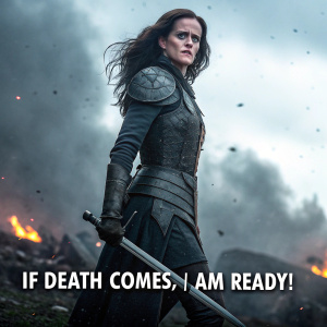 Eva Green as Artemisia in a fierce battle scene from '300: Rise of an Empire'. Dark, gritty backdrop with debris and smoke. The text 'If death comes, I am ready!' in bold letters below her intense gaze.