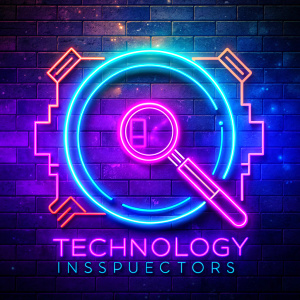 "technology inspectors" yazılı yuvarlak çerçeveli mavi pembe neon ışıkları ile bir logo yap bunu YouTube'da kullanabileyim