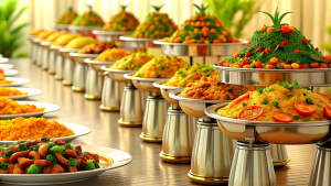 delicious non veg catering menu in a wedding on a table