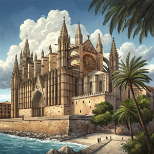 Palma Cathedral, located in Palma, Majorca, Spain. Featuring intricate Gothic architecture and towering spires.