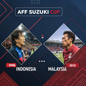 Infographic showcasing timeline of Indonesia vs Malaysia in AFF Suzuki Cup, 1996-2012. Dark background, red and blue accents, images, and text in Indonesian and English, in a mosaic layout.