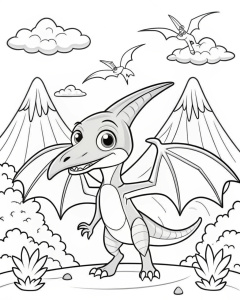coloring page, Pteranodon by the volcano landscape, dinosaur that looks cute and adorable, white background, black line art