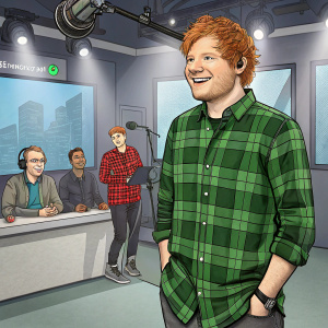 Ed Sheeran, standing in a studio, wearing a green plaid shirt. Elvis Duran and the Z100 Morning Show team in the background. Light-hearted and jovial atmosphere