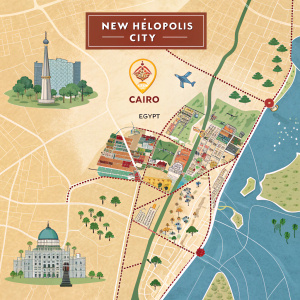 Digital map of New Heliopolis City in Cairo, Egypt. Featuring vibrant colors, detailed roads, landmarks, and Arabic text. Interactive design for easy navigation.