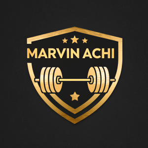 Logo design for Marvin Achi. Dark background, metallic gold shield emblem, bold modern font 'MARVIN ACHI', weights incorporated into shield design to symbolize strength and fitness.