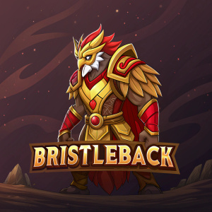 Digital art of Bristleback from DOTA 2, with gold, red, and brown colors. Standing in front of dark background with gradient effect. Logo 'BRISTLEBACK' at bottom