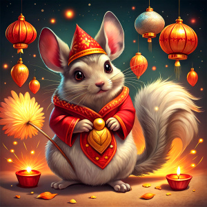  a cute chinchilla Surrounding this charming duo, festive decorations of traditional Chinese New Year firecrackers add a touch of celebration and cultural flair to the composition. The image captures a whimsical fusion of the cute and the traditional, blending the charm of a small rodent with iconic elements of Chinese New Year festivities.
