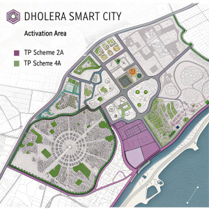 Line-art urban planning map for Dholera Smart City. Featuring detailed layout of land parcels, infrastructure, and designated areas such as Activation Area, TP Scheme 2A, and 4A, all highlighted with purple shading to convey the comprehensive city layout and development plans.
