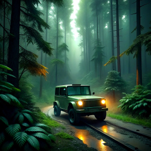 a black military, very fashionable and modern, well-equipped jeep drives through the forest at night, the car is barely visible, only the rectangular headlights shine