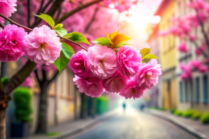 Blooming sakura flowers, close-up. Cherry blossoms in the street. The Japanese symbol. Spring background with pink petals