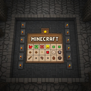 Interactive Minecraft game interface. Dark cave background, grid-like design. Central panel with small icons and text prompts. Rough-textured stone surface, minimalistic style, screenshot.