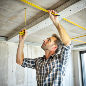 a man measures a concrete ceiling in an apartment. g