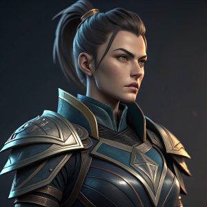 A high-definition digital render of Vayne from Valorant, depicted in a meticulously designed, stylized armor set. Her expression is intensely focused, with dramatic lighting casting shadows on her face. The background is a uniform dark shade, enhancing the contrast and spotlighting Vayne.