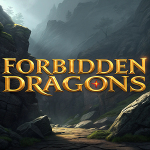Digital artwork of 'Forbidden Dragons' logo. Dark, rocky background. Bold, golden text 'Forbidden Dragons' in an intricate font. 3D effect provides depth and dimension. Fantasy and adventure inspired aesthetic