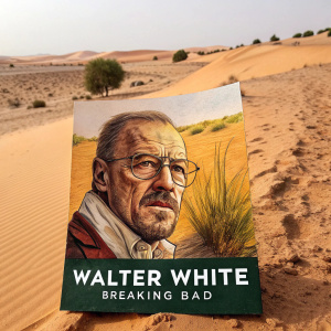 Hand drawn illustration of Walter White. Desert backdrop. Breaking Bad logo present. Warm, earthy tones.