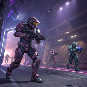 Digital rendering of Spartan Vale from Halo 5. Futuristic high-tech aesthetic. Mix of purples and metallic shades. Various poses.