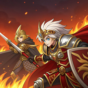 In-game screenshot featuring main characters from 'Brave Frontier: Breaking Barriers.' Fiery background with characters in detailed armor, weapons drawn, determined expressions. Long flowing white hair