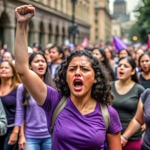 foto realista de cleopatra marchando con otras mujeres en una marcha feminista en la ciudad de Mexico, cleopatra viste una playera morada, levanta el puño y lanza gritos exigiendo justicia