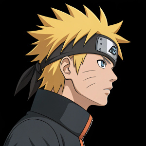 Profile shot of Naruto Uzumaki, intense expression, spiky hair, traditional ninja headband. Black background, no lighting