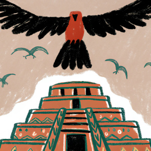 A detailed charcoal drawing featuring a majestic temple adorned with Aztec motifs. Atop this ancient structure, a colossal avian creature with expansive wings and a formidable presence. The temple, crafted with precision, showcases intricate carvings and hieroglyphs. The scene conveys a sense of awe and movement.