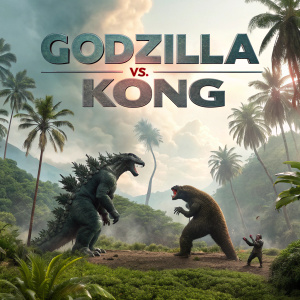 Promotional poster for 'Godzilla vs. Kong'. Giant monsters battling amidst a tropical landscape with palm trees and clouds in the background.
