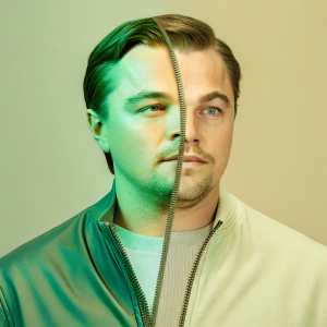 Digital art portrait of Leonardo DiCaprio. Face split in half with zipper effect. Realistic style. Tan background.