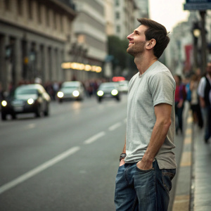 Lionel Messi, Argentine soccer player, standing alone on a bustling city street. Wearing a simple t-shirt, no soccer jersey.