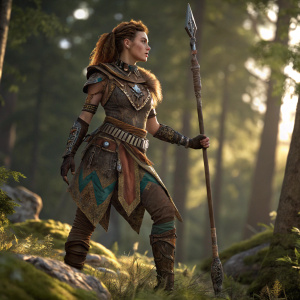 High-resolution 3D rendering of Aloy, the protagonist from Horizon Zero Dawn, standing confidently in a forest. Her tribal-inspired outfit is intricately detailed with a mix of earthy tones, and she holds a spear.