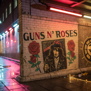 Vintage photo of Guns N' Roses concert poster plastered on a graffiti-covered wall. Neon lights reflect off the brick surface.