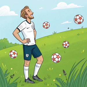 Cartoon version of Harry Kane, in a green field, surrounded by animated soccer balls.