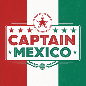 Bold graphic design featuring the 'Captain Mexico' logo. Red and green colors. Flat design style. Inspired by Mexican national colors.