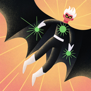 Illustration of Danny Phantom. Dark background. Character with white spiky hair and pale skin, floating. Green energy radiating from hands